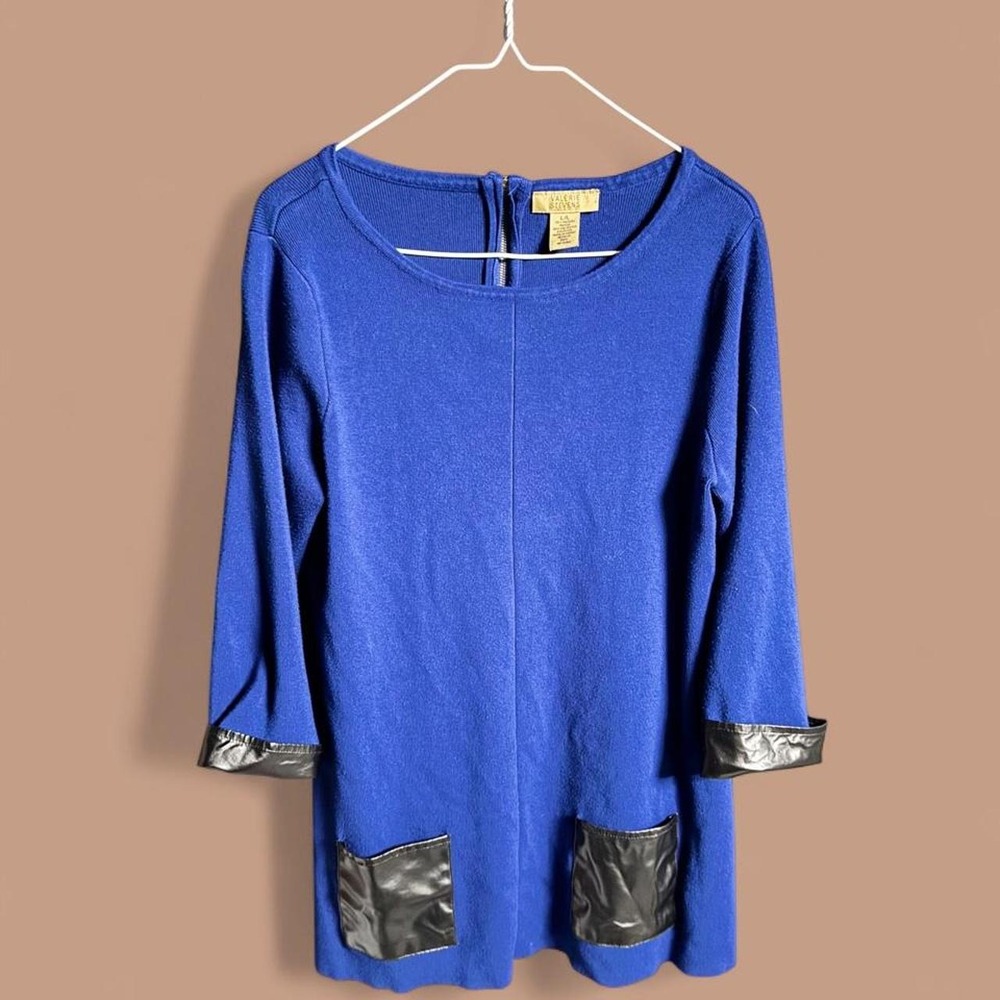 Valerie Stevens Cobalt Blue Sweater Mini Dress L Faux Leather Pockets Tunic